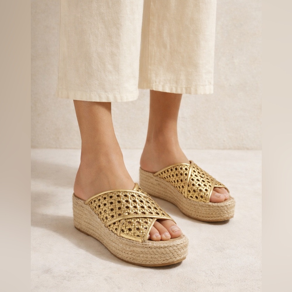 Stella McCartney Gold Woven Espadrille Platform Mules Size 6